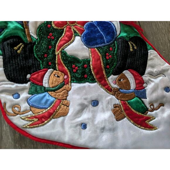 Vintage Blue Velvet Christmas Stocking Snowman Mouse 17" Holiday Festive - Picture 5 of 10